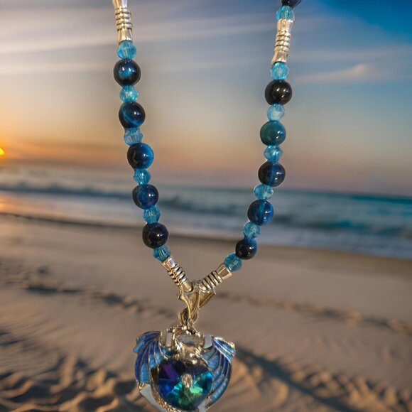 Blue Dragon w Blue and Silver beaded Necklace  20 inches - Picture 4 of 4